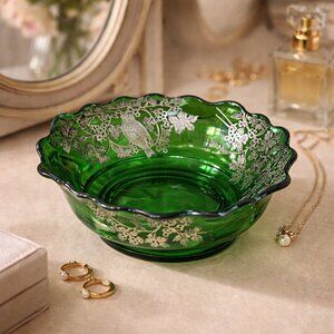 Vintage Emerald Green Glass Bowl Silver Overlay Songbird Dish Scalloped Edge